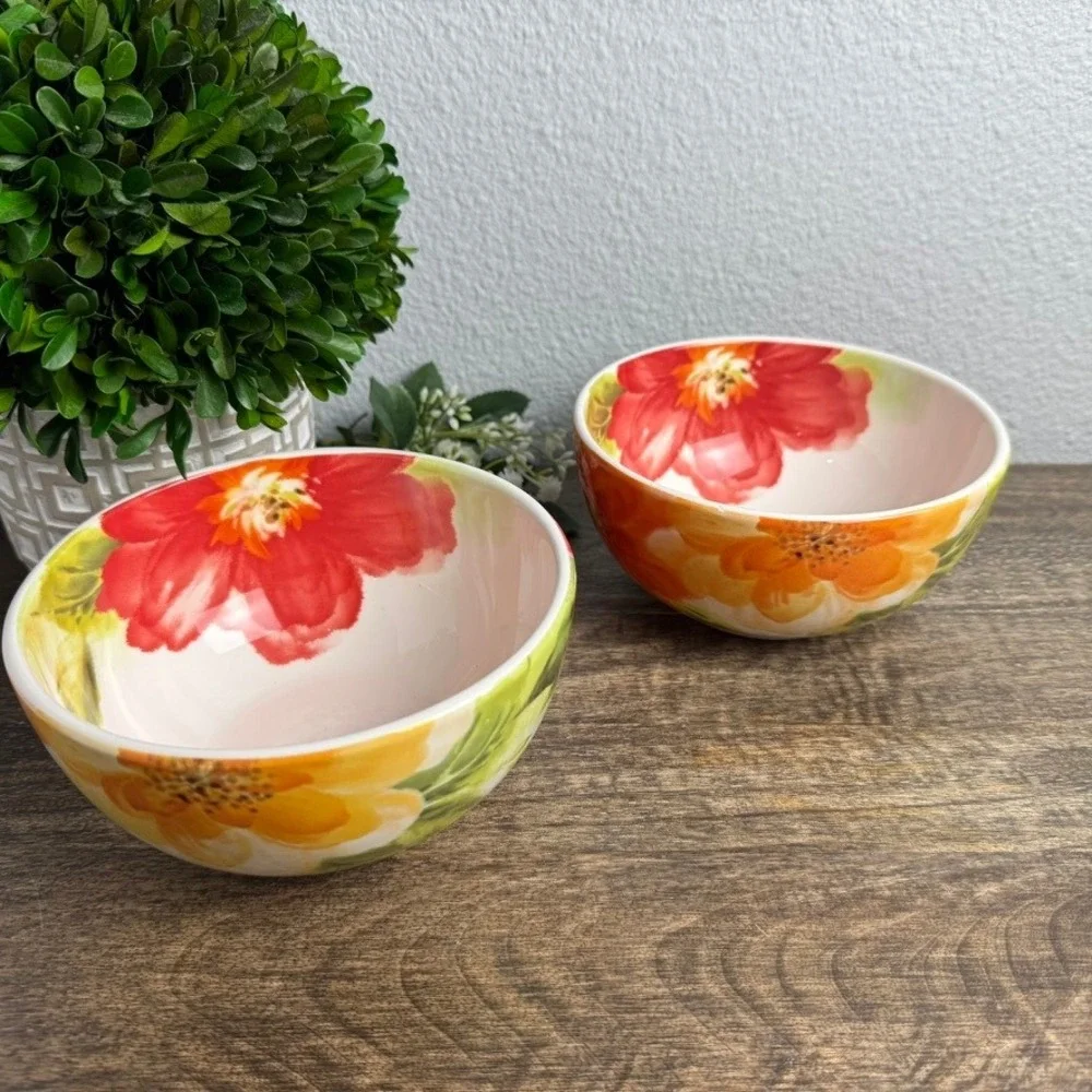 Pier 1 Amelia Floral Ironstone Bowls Set of 2 Colorful Cottage Kitchen 6